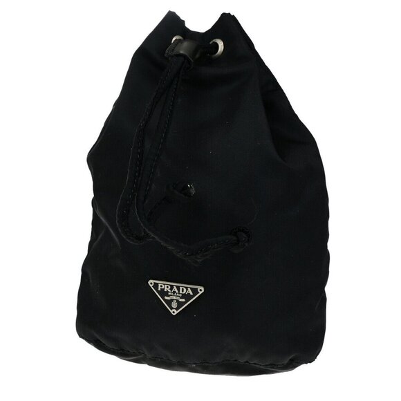 PRADA Logo Tessuto Mini Drawstring Pouch Nylon Leather Black SHW Italy - Picture 1 of 15